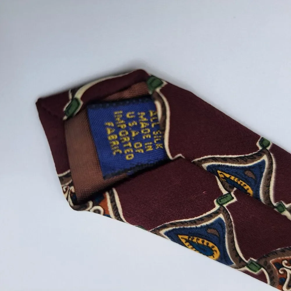 Vintage Chaps Ralph Lauren Tie Burgundy Multicolor Geometric 100% Silk USA‎